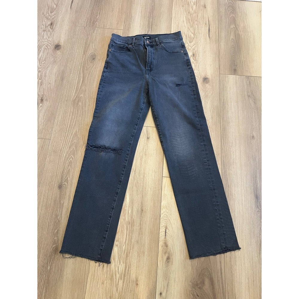 Express Womens Modern Straight Jeans 6R Black Super High Rise Distressed Raw Hem